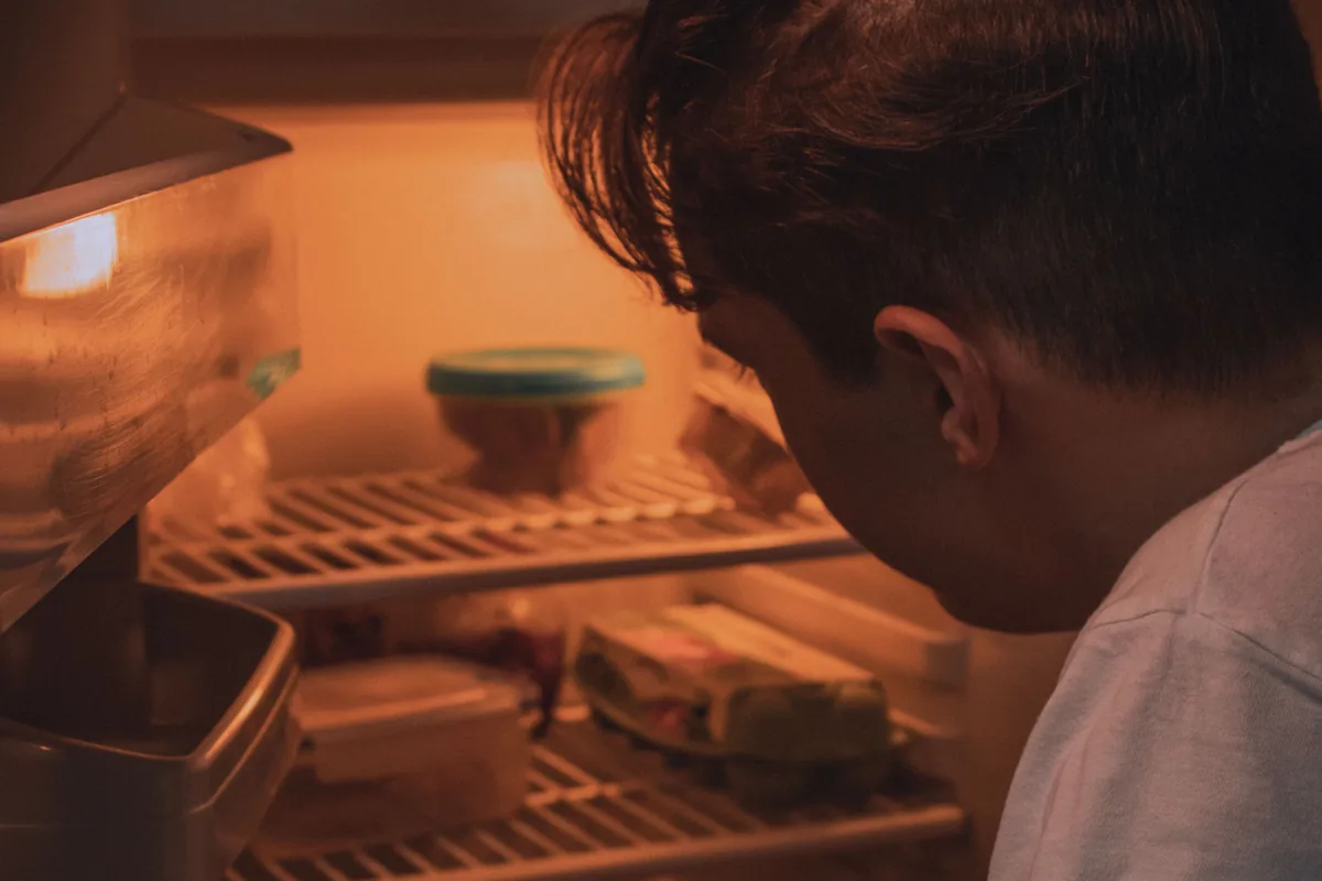 Person checking an open refrigerator at night